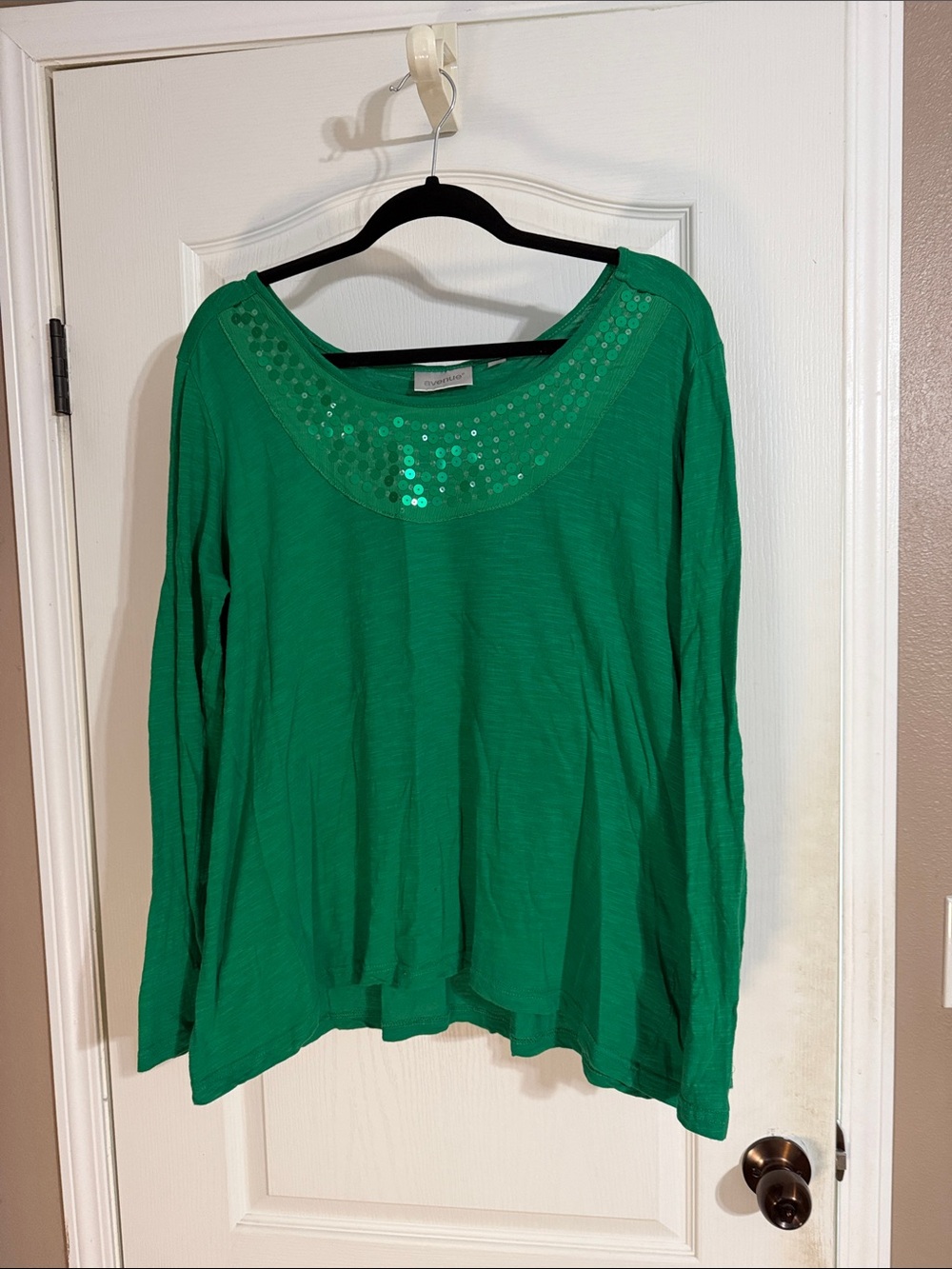 Avenue Emerald Green Long Sleeve Sequin Scoop Neck Top